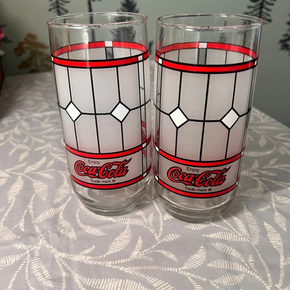Vtg Coca-Cola Stained Glass Style Drinking Glasses Set of 2 Frosted Red White